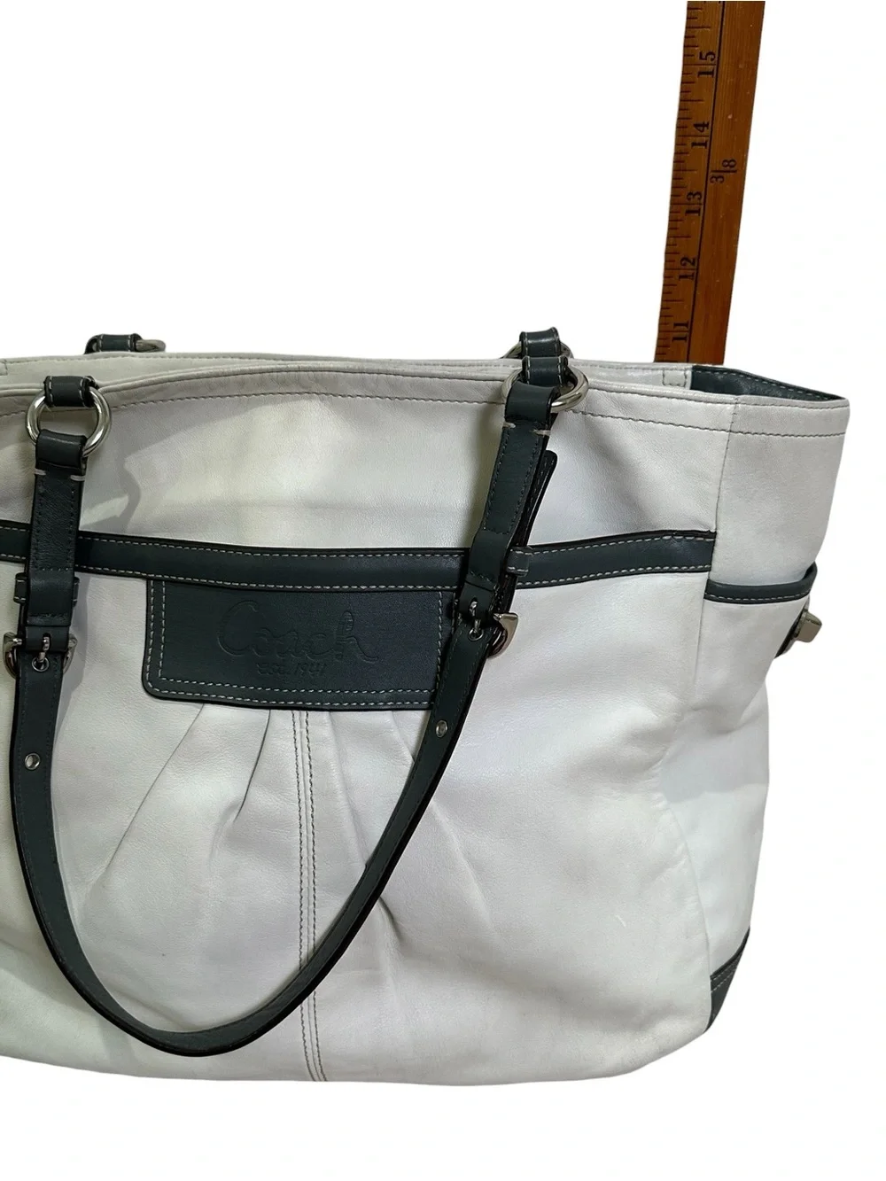 Coach Y2K Off-White/Ivory & Gray Soho Large Pleated Gallery Tote Bag